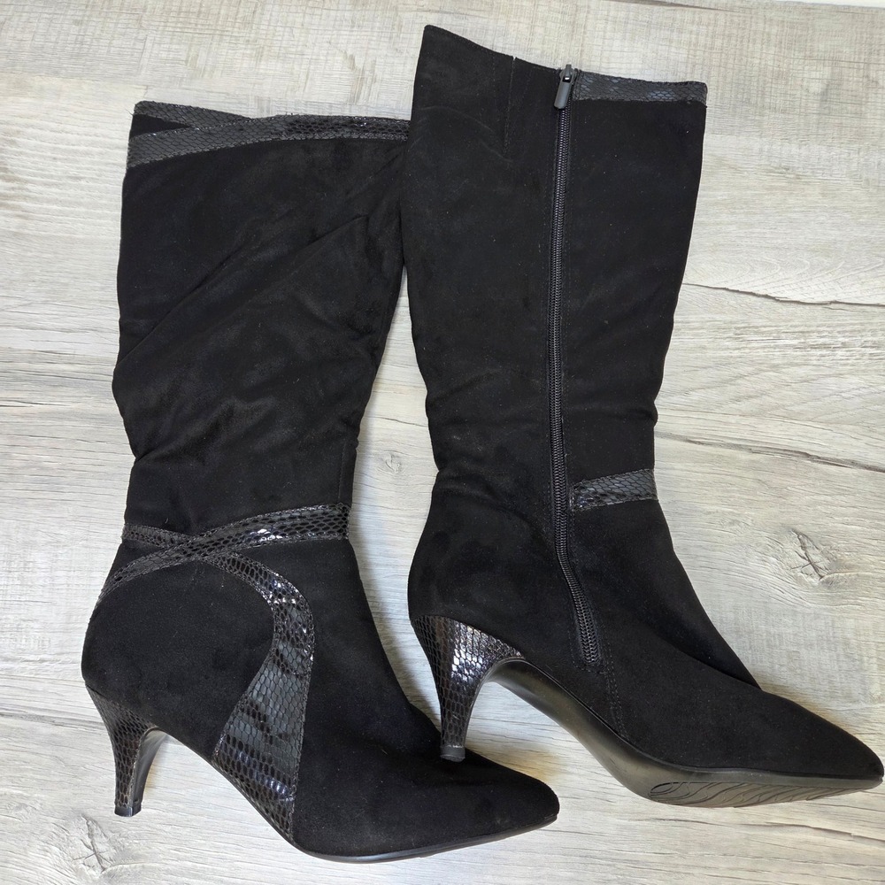 Impo Nayda Black Faux Suede Snakeskin Trim Kitten Heel Boots Women's 7M Side Zip